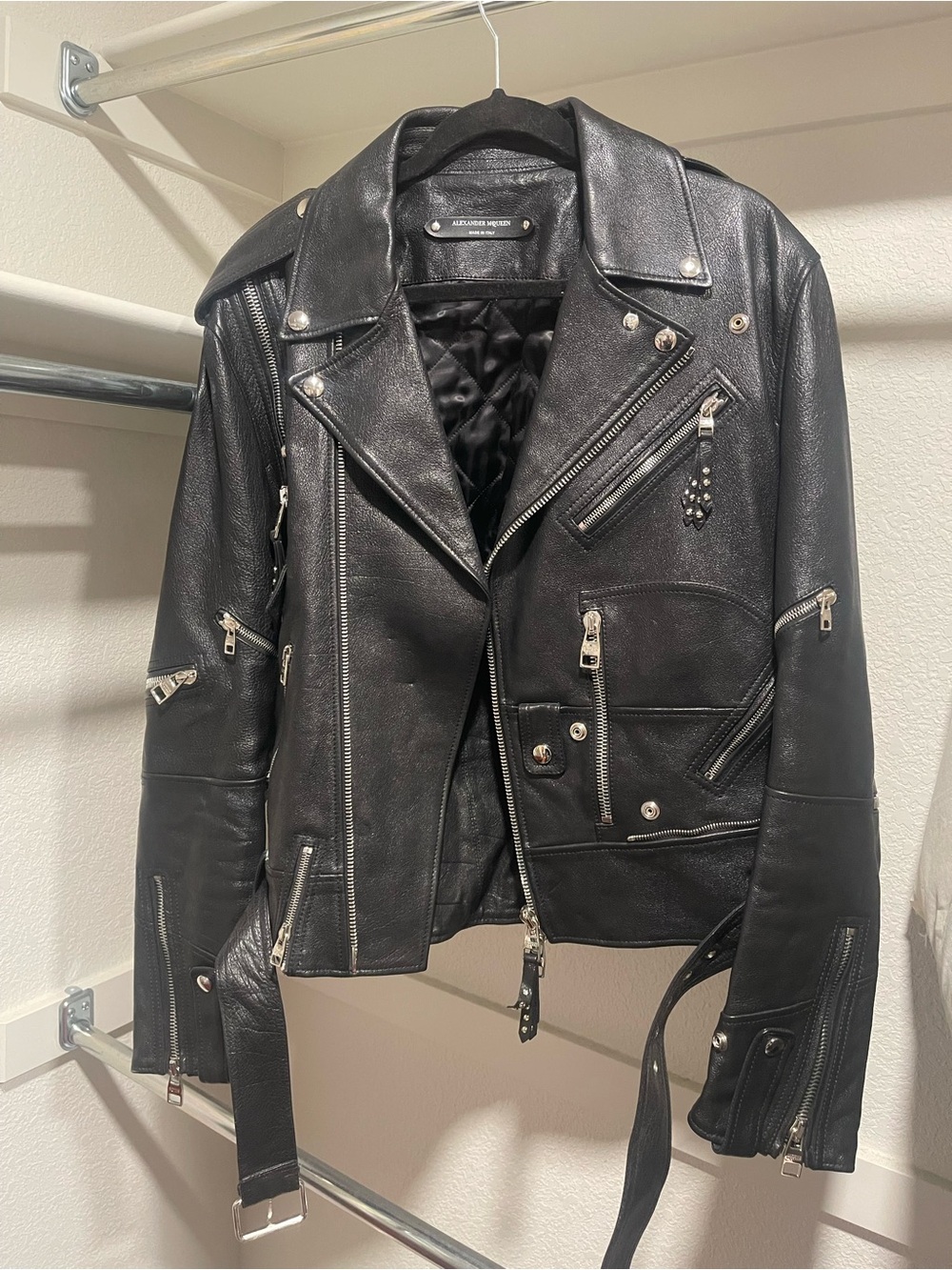 Alexander McQueen Black Leather Biker Jacket with Silver Hardware
